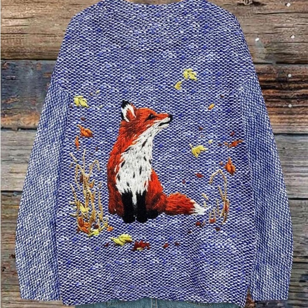 Fox Pattern Loose Pullover Sweater With Faux Embroidery Design - Picture 3 of 3